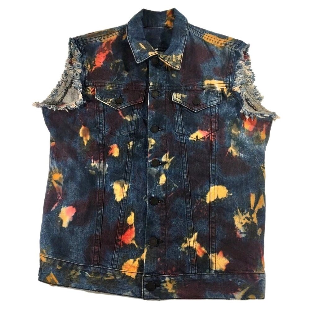 Robin's Jeans Tie Dye Embroidered Dark Wash Denim Vest Punk Biker Mens Sz Large